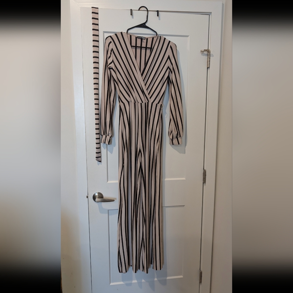 Fashion Nova Black and Cream Striped Jumpsuit
